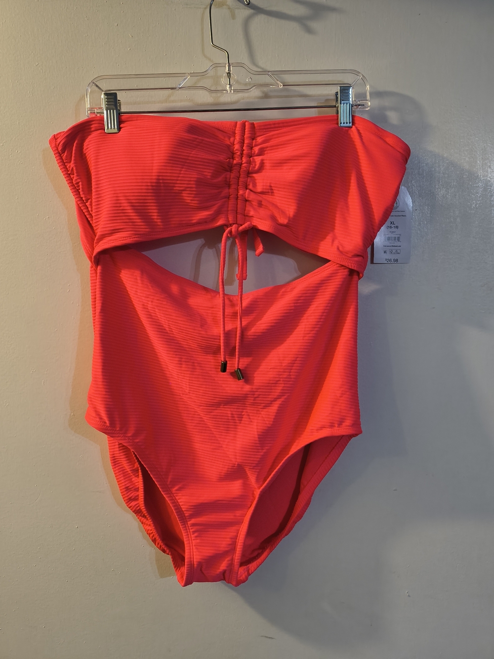 Time and Tru Neon Pink Strapless Cutout One-Piece Swimsuit with Front Tie